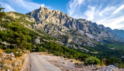 Majestic mountain range with winding road and lush green forest under a blue sky
