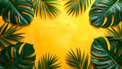 Lush tropical leaves of various sizes frame a textured yellow backdrop, providing a vibrant aesthetic