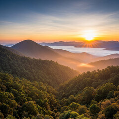 Sunrise Over Lush Green Mountains and Misty Valley.