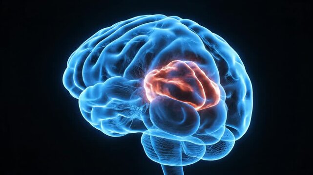 Conceptual illustration of the human brain with highlighted regions in blue