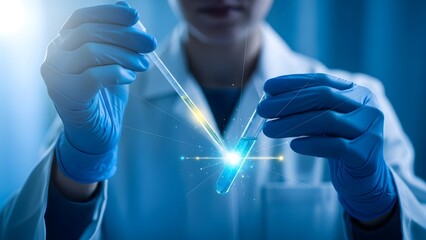 Scientist in lab coat and gloves examining a glowing test tube