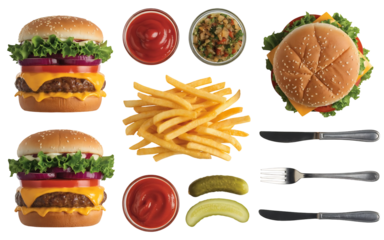 An appetizing collection of delicious cheeseburgers french fries pickles ketchup relish and cutlery, isolated on transparent background
