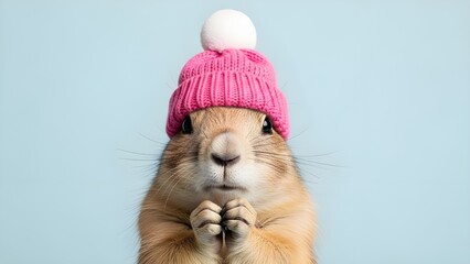 Groundhog day celebration with adorable rodent wearing pink hat
