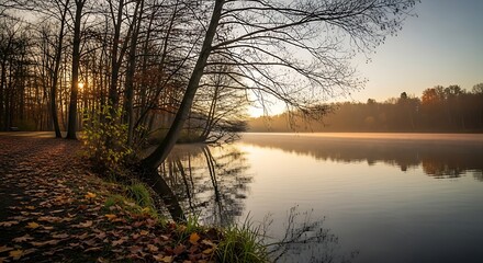Tranquil lake scene with trees and reflection during sunrise or sunset
