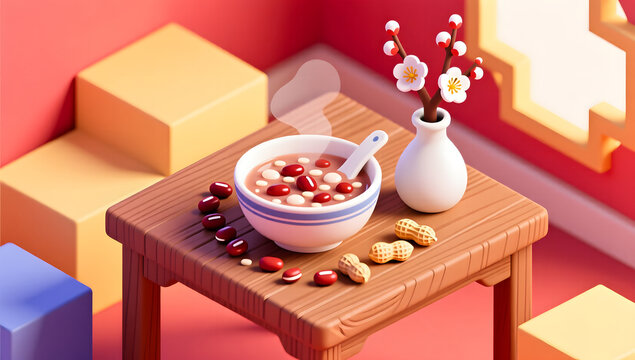 Isometric Laba congee and plum vase on a wooden table