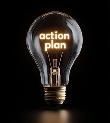 A lit lightbulb with "action plan" glowing inside, on a black background