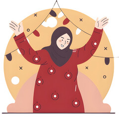Happy Muslim woman in hijab celebrating with festive decorations and bunting