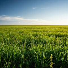 Vast Green Field Under a Bright Blue Sky with Wispy Clouds 1.