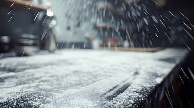 Snowflakes falling on a snowy road in a garage with a car in the background