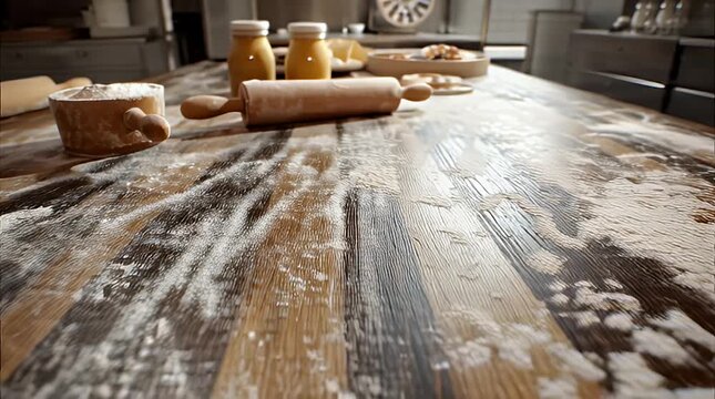 Flour dusts a rustic wooden table with baking ingredients and tools scattered around in a cozy kitchen setting viewed from a low angle