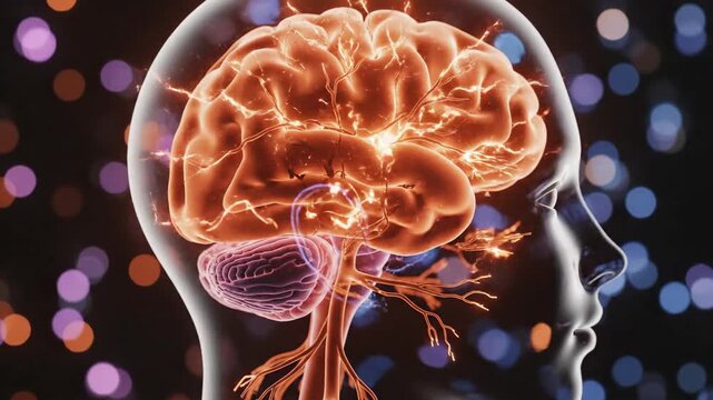 Conceptual visualization of the human brain with neural pathways