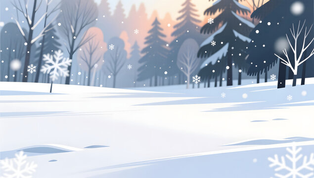 Vast empty snow field with blurry distant woods
