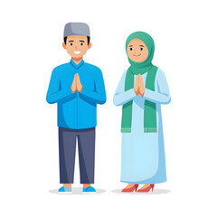 Muslim man and woman in hijab giving traditional greeting for Ramadan and Eid