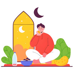 Muslim man breaking fast with dates during Ramadan in modern flat style