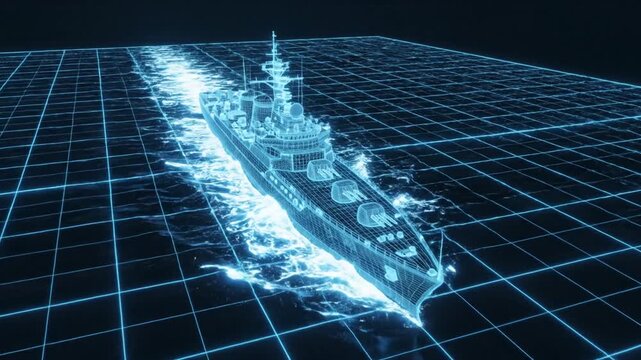 Neon-blue holographic warship glides across a glowing grid sea, blueprint-like and futuristic agile
