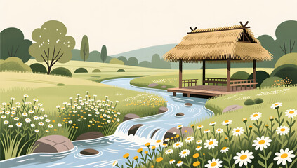 Rustic countryside garden with stream and thatched hut