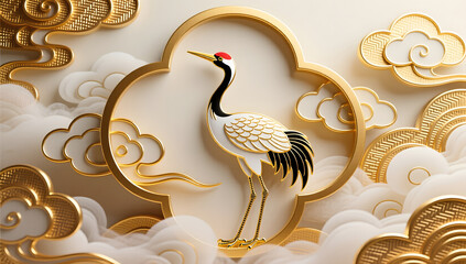 Obraz premium Elegant golden outlined cranes flying in layered auspicious clouds