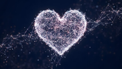 Abstract glowing digital heart shape composed of connected lines and dots against a dark background for artificial intelligence and emotional connection concept