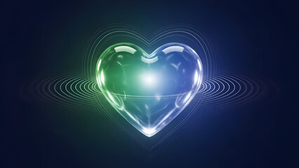Vibrant glossy 3D heart glowing with green and blue light against a dark abstract background for health, love and digital connection concept