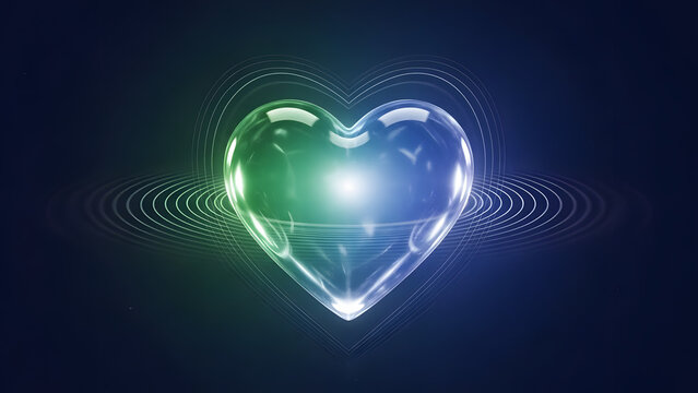 Vibrant glossy 3D heart glowing with green and blue light against a dark abstract background for health, love and digital connection concept