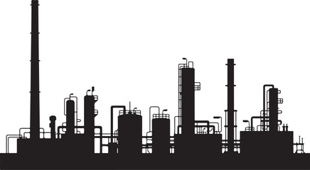 Industrial factory skyline silhouette with tall chimneys and oil refinery processing towers on isolated transparent background