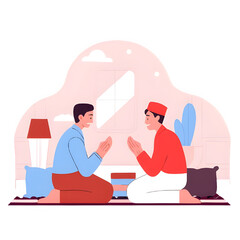 Two Muslim men praying together at home in modern flat vector style