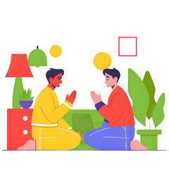 Two Muslim men praying together at home for Ramadan and Eid celebration