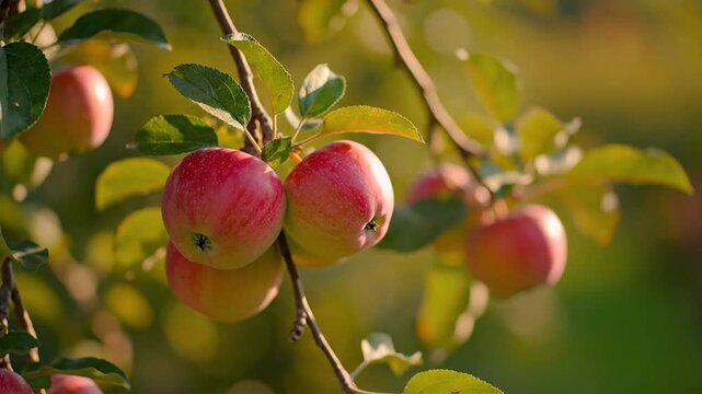 Ripe apples hanging from a sun-drenched tree branch in an autumnal orchard, ready for harvest