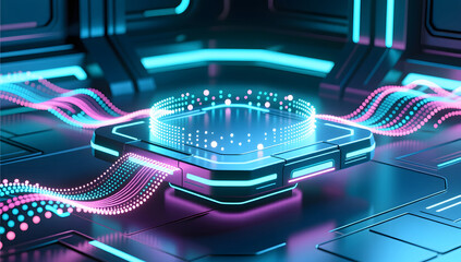 Futuristic floating platform surrounded by particle data streams