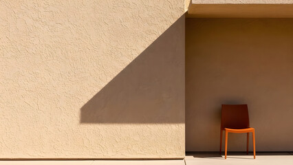 A solitary chair sits bathed in warm sunlight against a textured wall, showcasing clean lines and minimalist design.