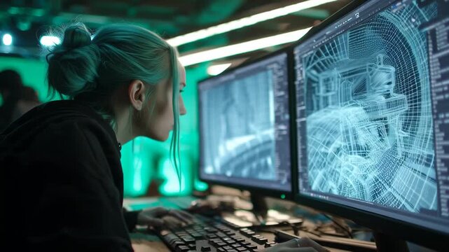 Hacker with Blue Hair Working on Complex Computer Code.