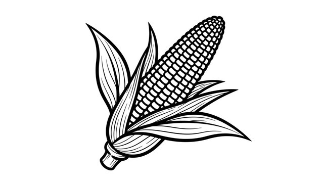 Corn on the Cob with Husk Black and White Vector Illustration