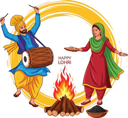 Obraz premium Happy Lohri vector illustration with man playing dhol woman offering grains bonfire and decorative yellow sunburst circular frame.