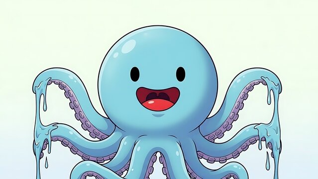A cheerful blue octopus with a bright red mouth and tentacles dripping with water, depicted in a playful illustration