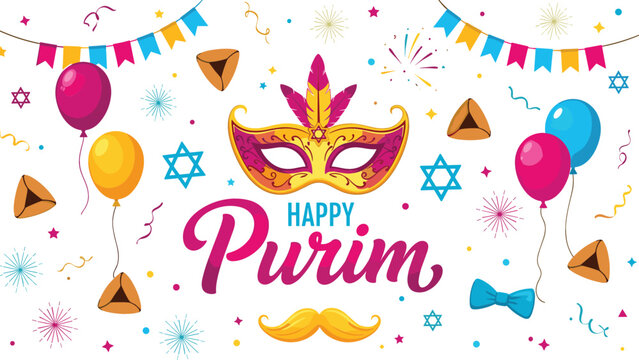 Happy Purim vector illustration featuring a decorative gold mask with pink feathers hamantaschen cookies and colorful festive balloons.