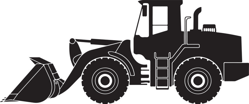 Silhouette of construction front loader machine with large bucket and big wheels for heavy material handling and earthmoving work
