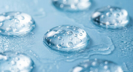 Clear cosmetic serum droplets with bubbles texture