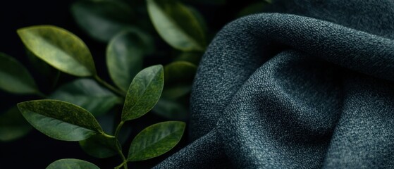 Deep teal fabric draped over lush green foliage.