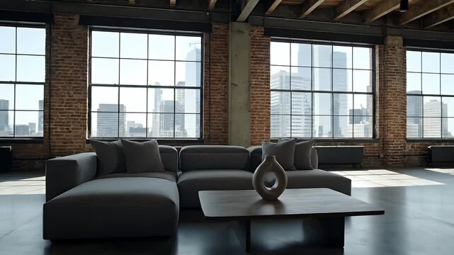 Modern Loft Apartment Living Room with City View.