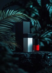 Dark, tropical cosmetic display against a lush backdrop.