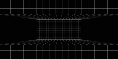 Abstract futuristic perspective grid box. Abstract wireframe with white grid line on black background. abstract decoration