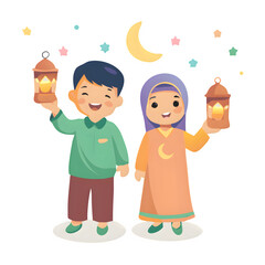 Cute Muslim children holding traditional lanterns for Ramadan and Eid celebration