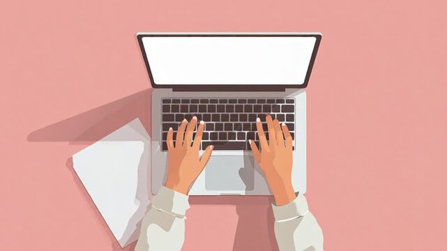 Remote work typing on laptops with blank screens and documents on a pink table. Illustration of