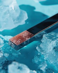 Cool, rectangular lip balm bar surrounded by ice crystals.