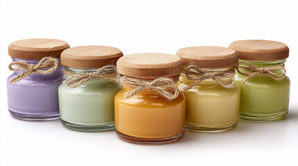 Colorful jars of candles arranged in a line on a plain surface