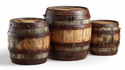 Wooden barrels stacked on a white background in a simple arrangement