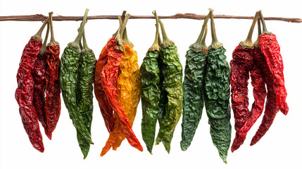 Dried chili peppers hanging on a string in various colors