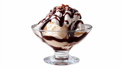 Sundae dessert in a glass bowl with chocolate and toppings