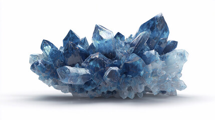 Blue crystal cluster on a white surface with natural light shining