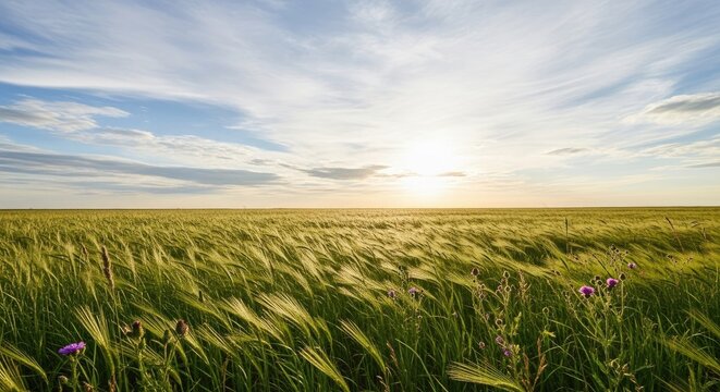 A vast, green wheat field under a clear, blue sky with scattered clouds, illuminated by a warm, golden sun, casting a soft glow over the landscape. - Powered by Adobe